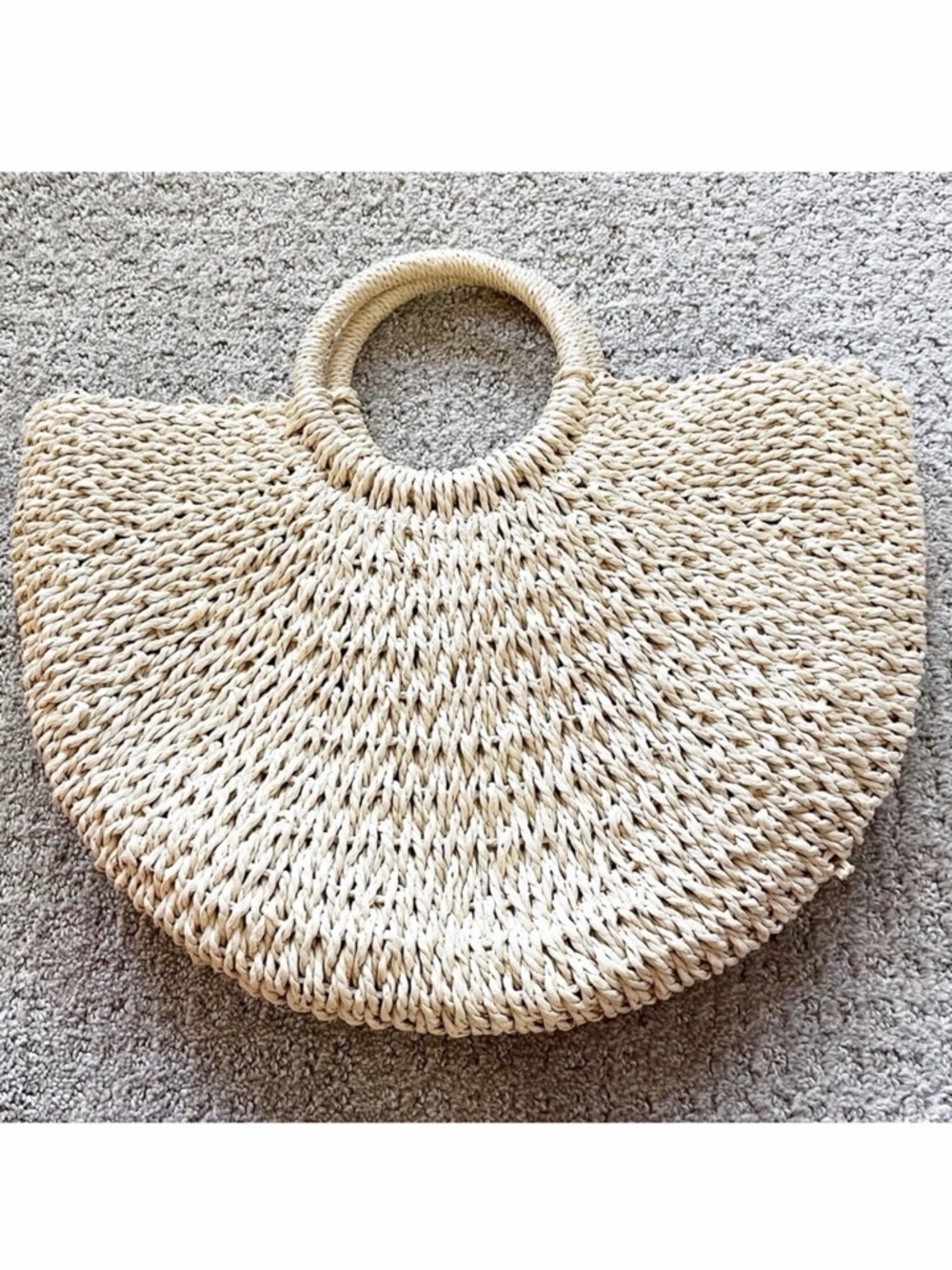 Lulu Dharma Half Moon Straw Tote Bag Natural Top Handle Beach Casual Fabric Line